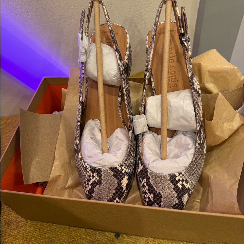 gentle souls Snake-Print Pointed Slingback Flats in Beige, Gray, and Black
